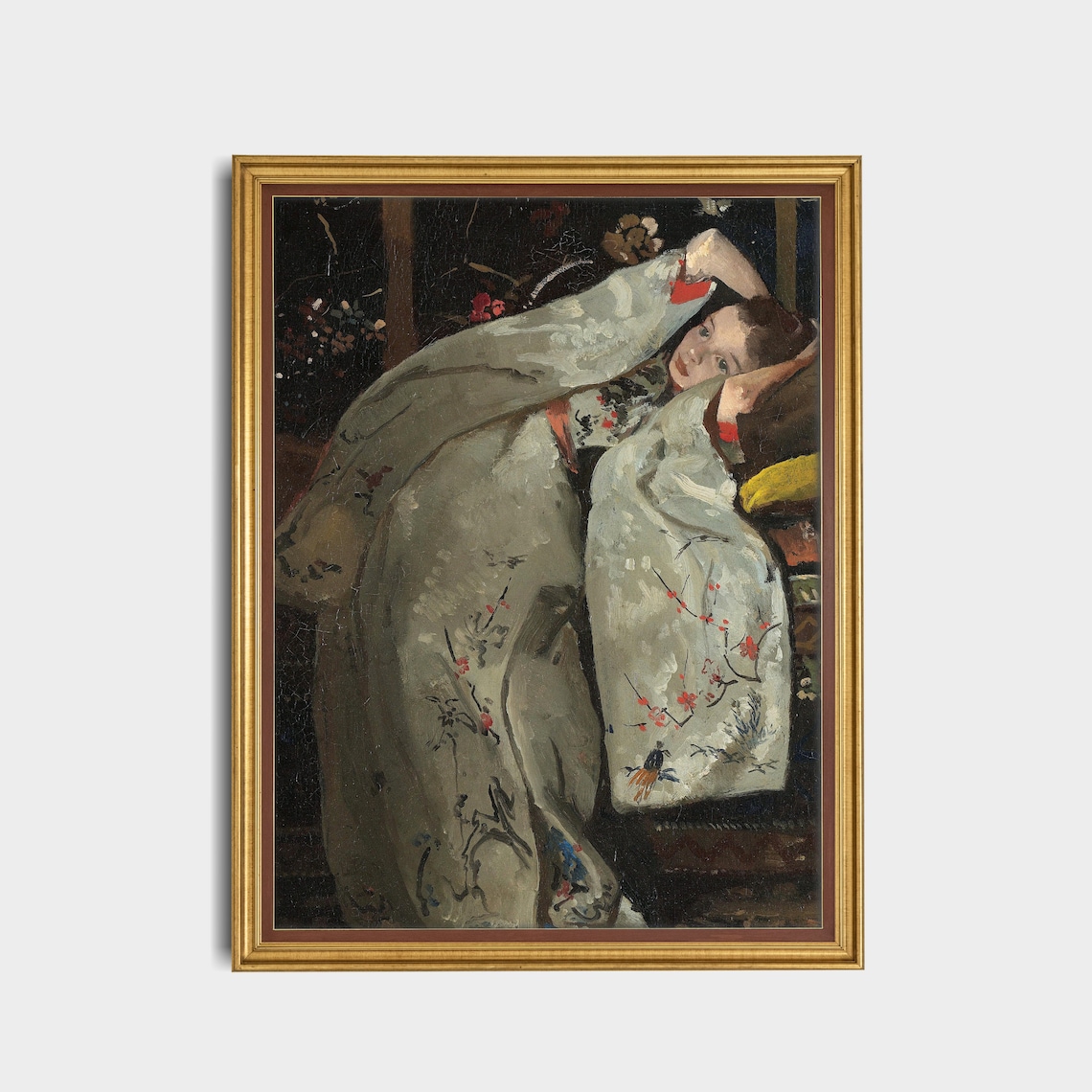 Reclining Girl in a White Floral Kimono Japonisme Vintage Poster - Image 3