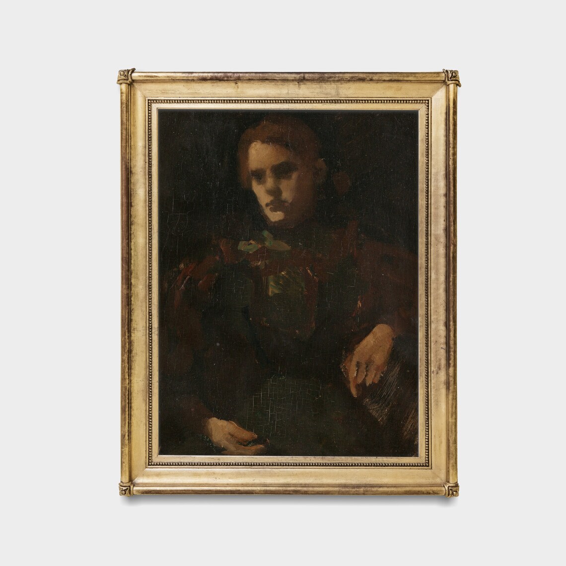Moody Dark Portrait of a Woman Vintage Oil Painting Wall Art - Image 4
