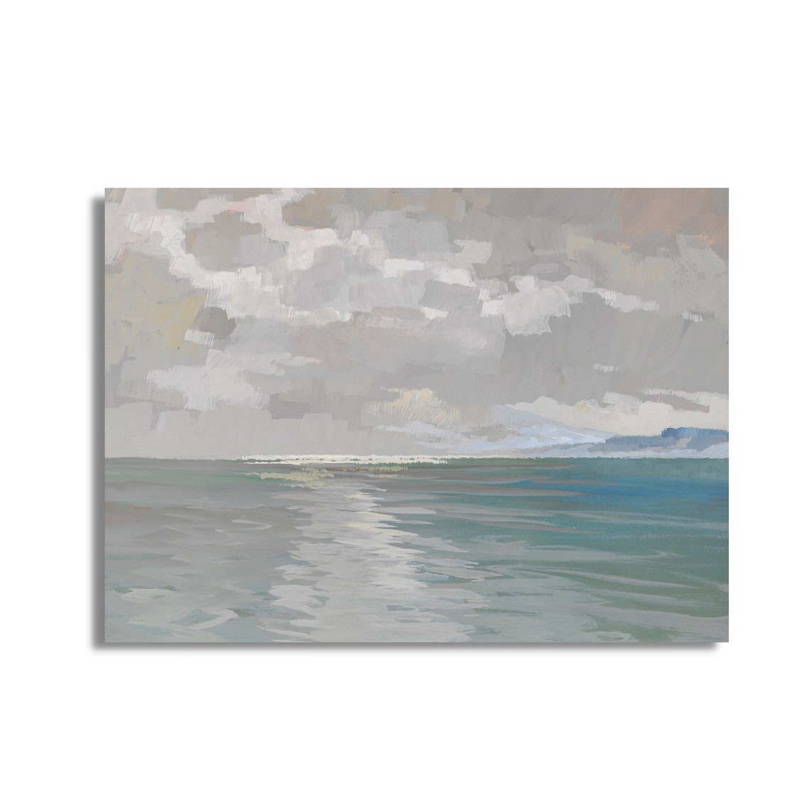 Muted Abstract Seascape with Grey Clouds and Teal Ocean Waves Poster