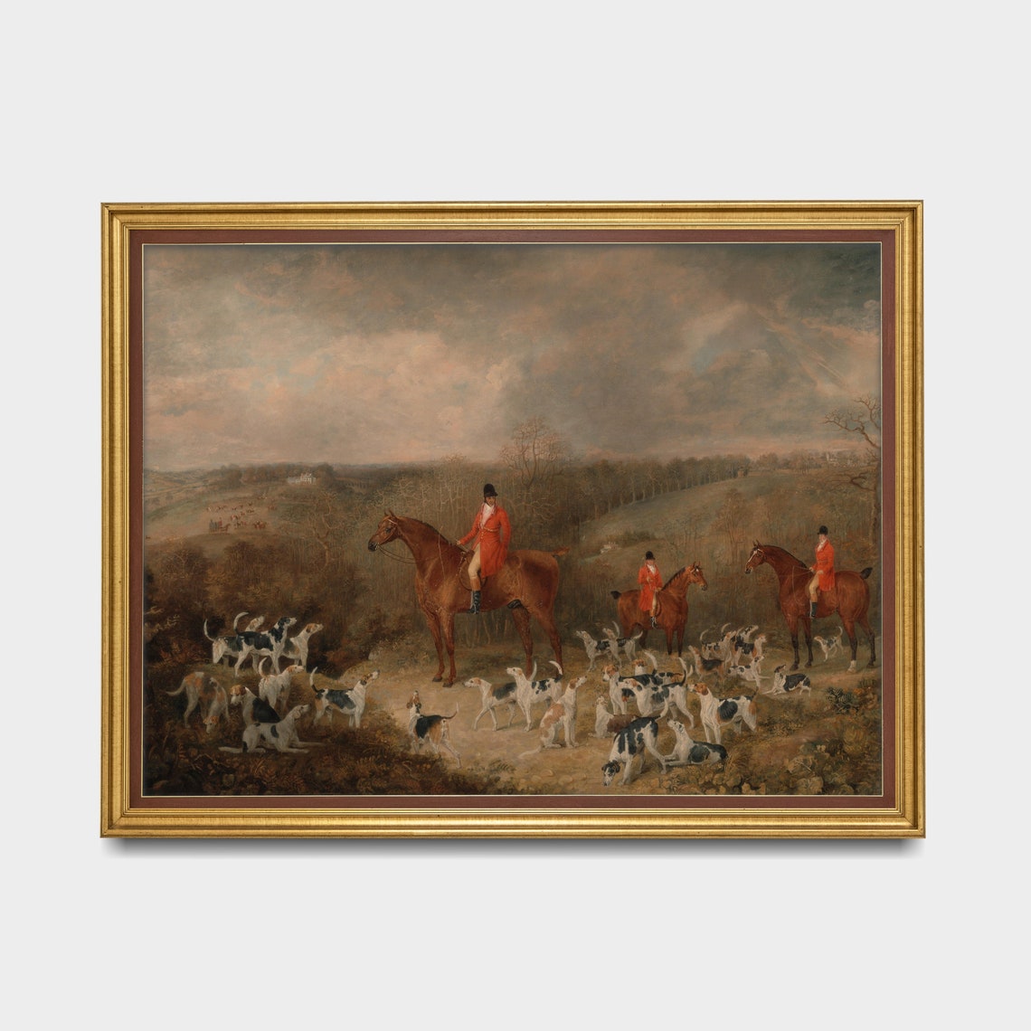 Three Riders in Red Coats with Hound Pack Overlooking a Valley Poster - Image 3