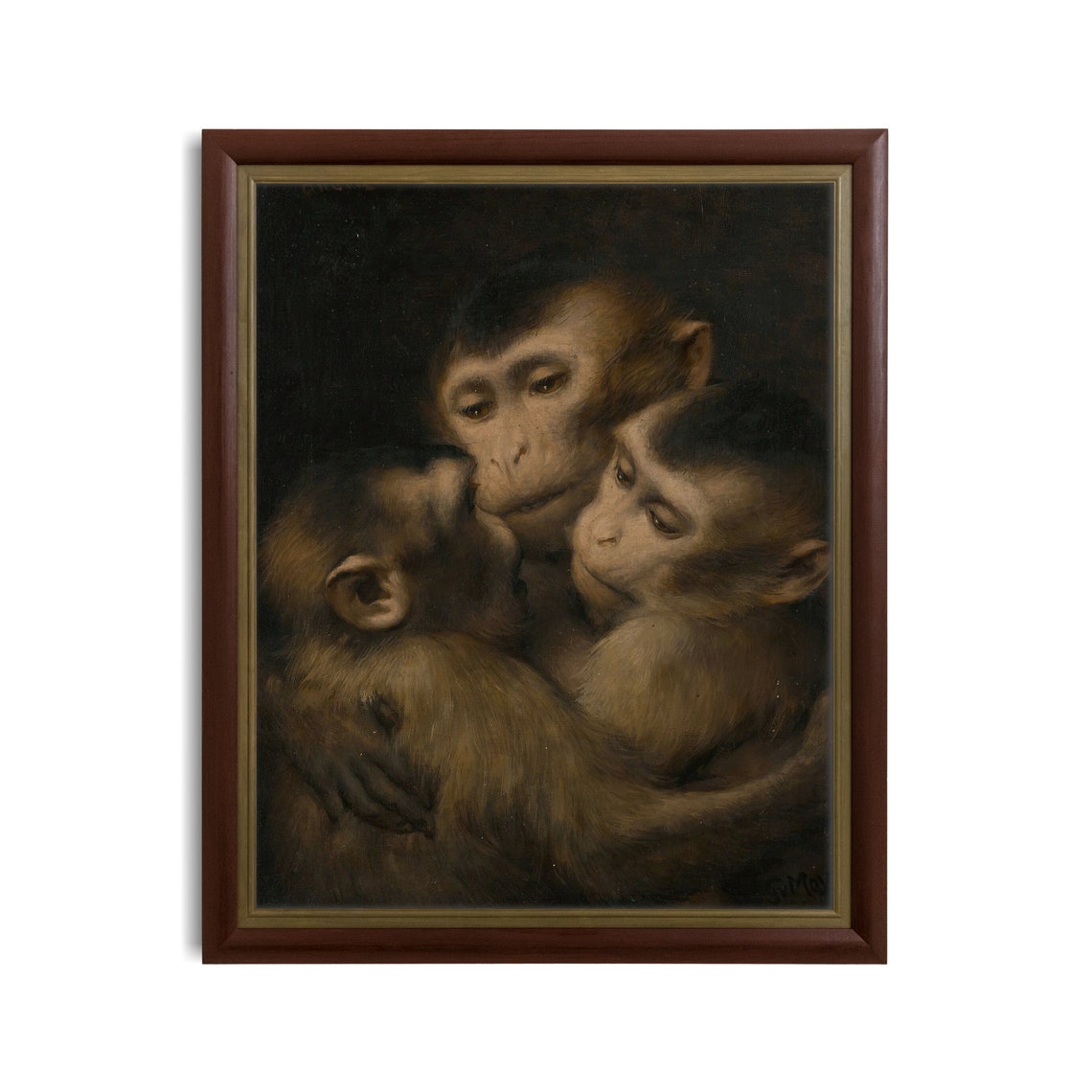 Three Monkeys Huddled Together Vintage Dark Animal Painting Poster - Image 2