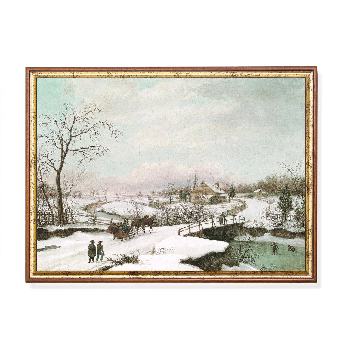 Horse-Drawn Sleigh Crossing a Snowy Bridge Vintage Winter Poster