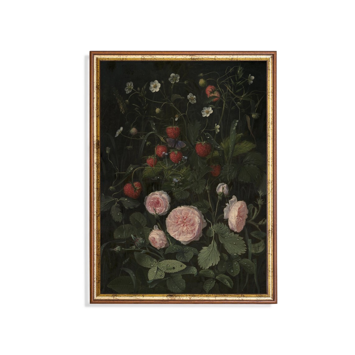 Roses and Strawberries Still Life Vintage Floral Art Print