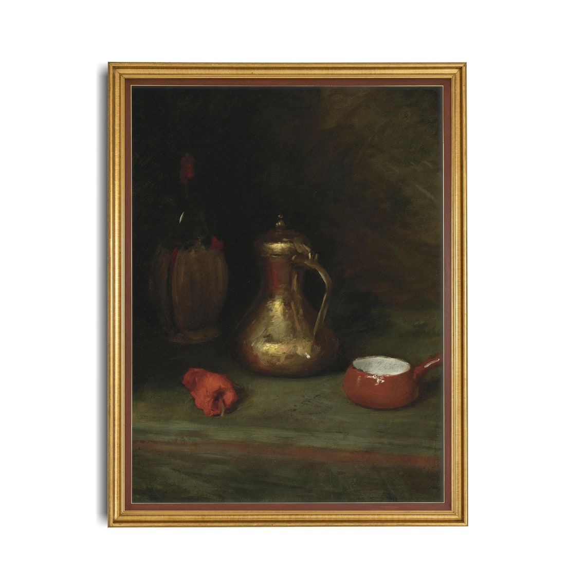 Copper Ewer and Red Bowl in a Dark Still Life Kitchen Painting Poster - Image 2