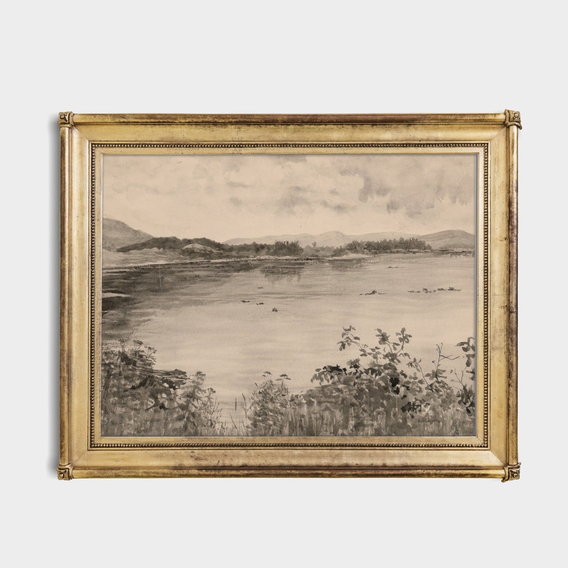Neutral Gray Lake Landscape with Hills and Reeds Sepia Poster - Image 2