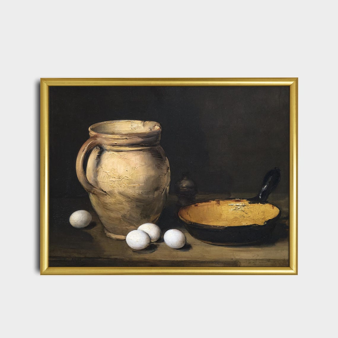 Rustic Old Master Still Life Jug Eggs And Skillet Dark Kitchen Poster - Image 2