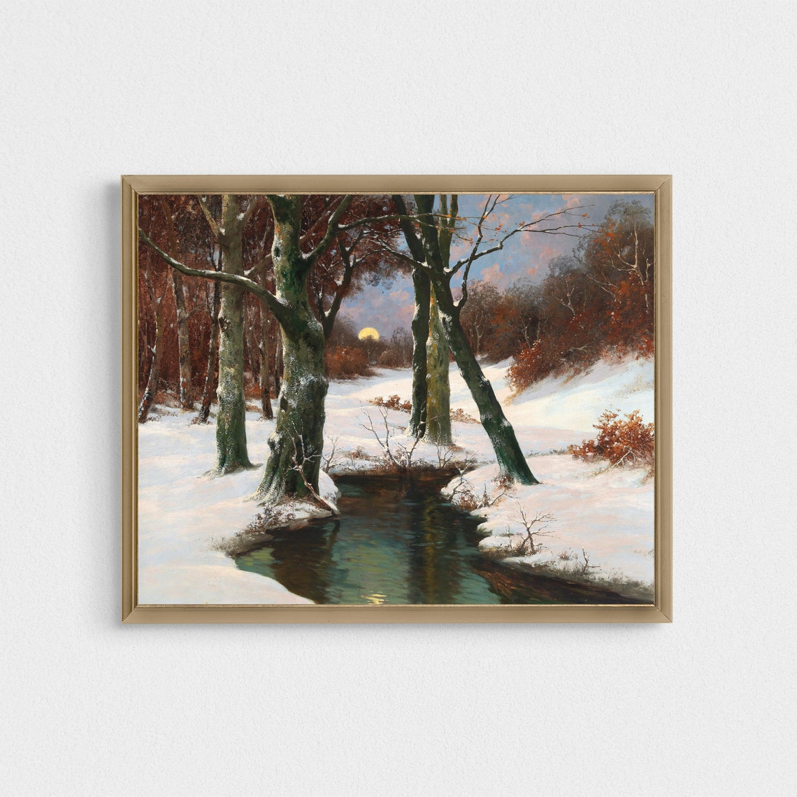 Full Moon Rising Over a Snowy Woodland Beside a Dark Pool Night Poster - Image 2