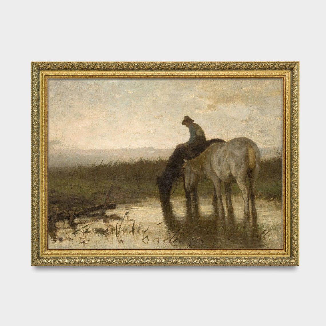 Rider Watering Two Horses at a Still Pond Under a Pale Dusk Sky Poster - Image 3