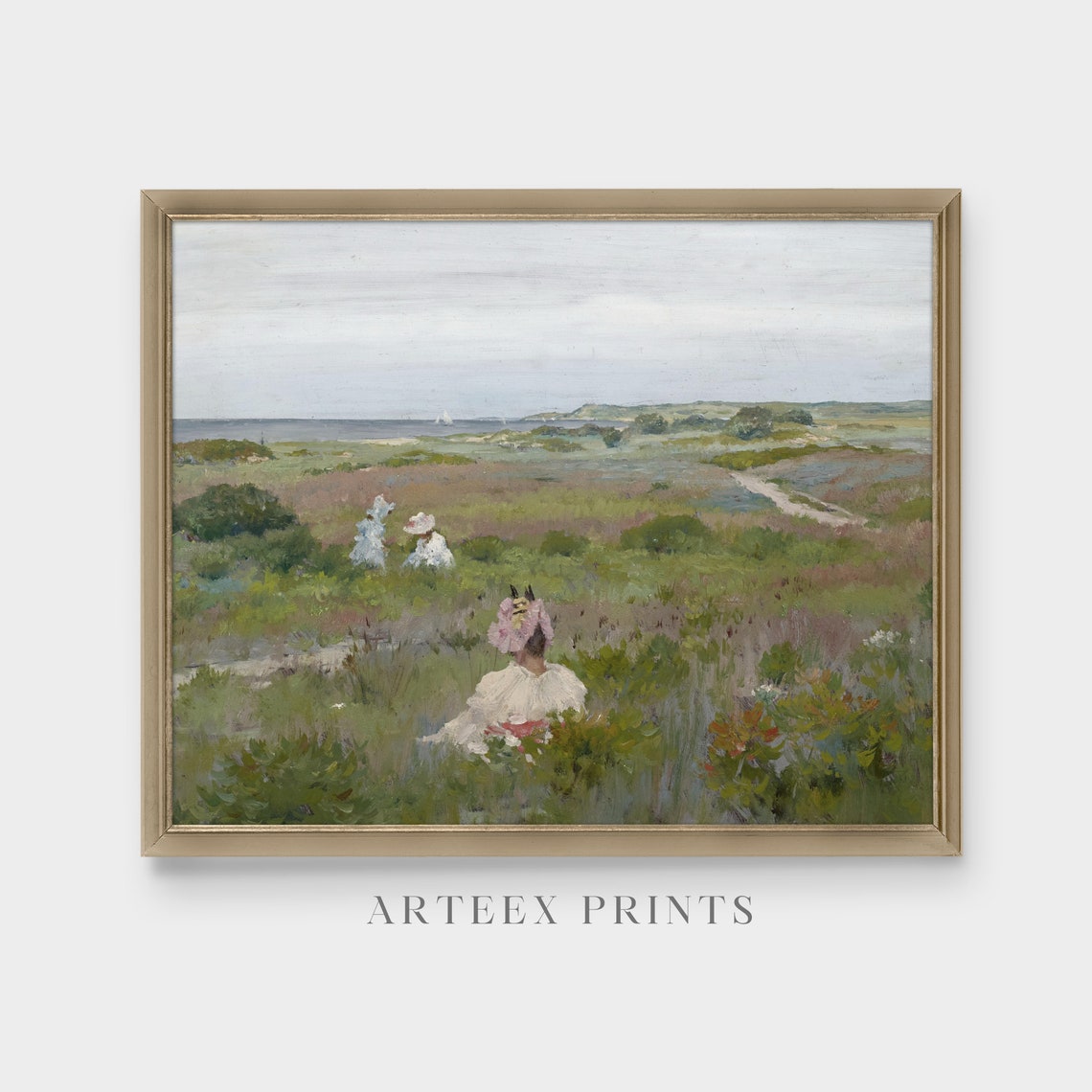 Women in White Dresses on a Coastal Meadow Vintage Seaside Poster - Image 4