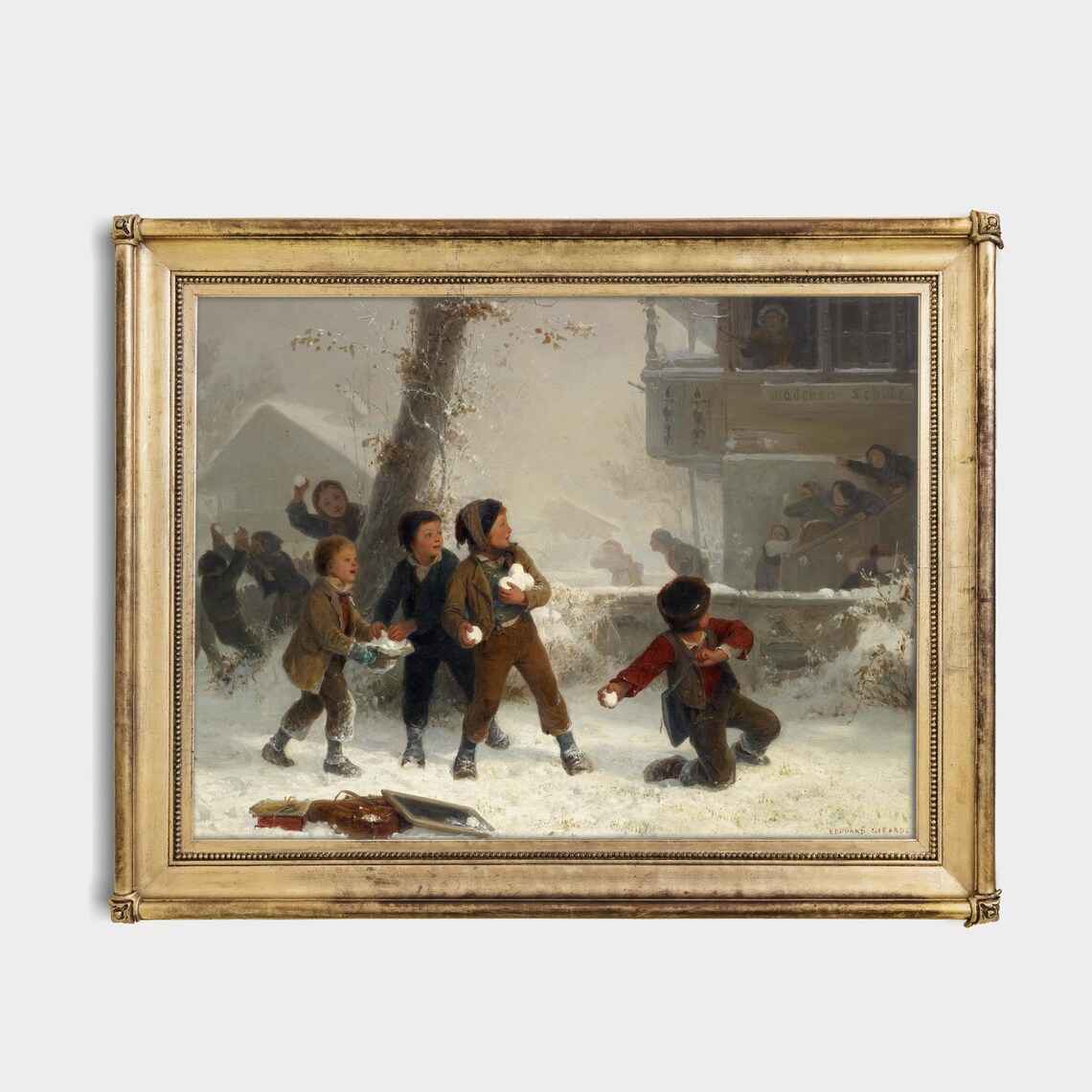 Schoolboys Snowball Fight by a Girls School Edouard Girardet Poster - Image 2