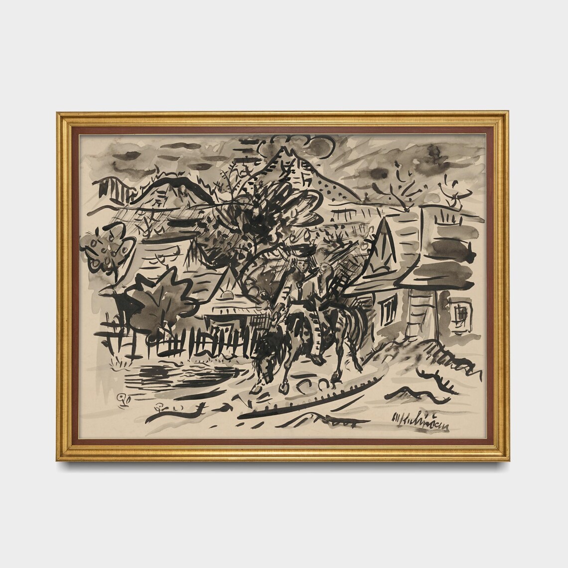 Mountain Village Ink Sketch with Horse Rider and Church Poster - Image 4