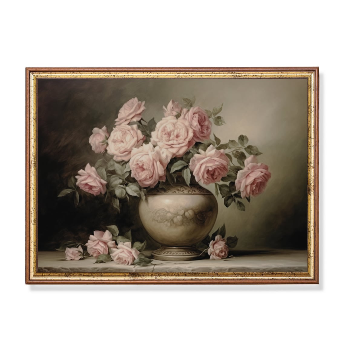 Blush Pink Roses In A Stone Vase Moody Floral Still Life Poster