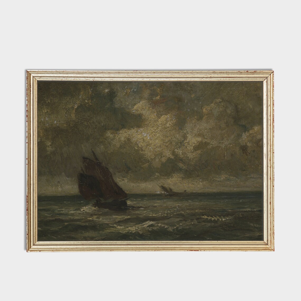 Moody Sailboat Oil Painting, Vintage Seascape Art - Image 2