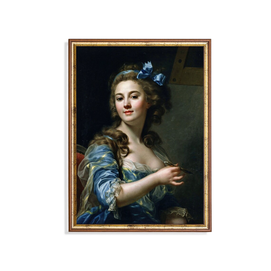 Young Woman Artist in Blue Dress Holding a Paintbrush Poster