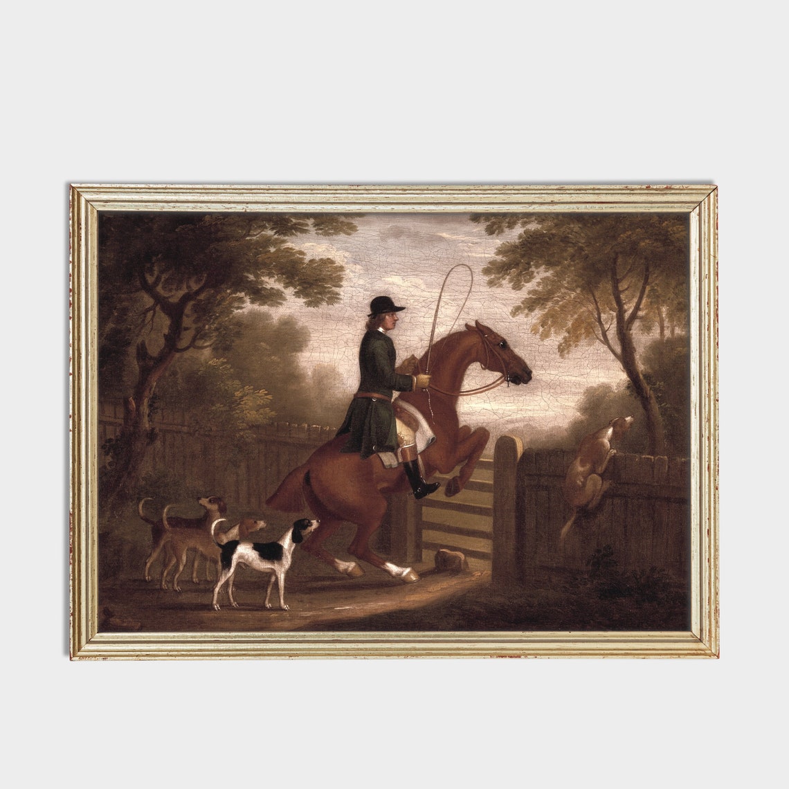 Vintage Huntsman on Horseback With Hounds Jumping a Fence Poster - Image 2