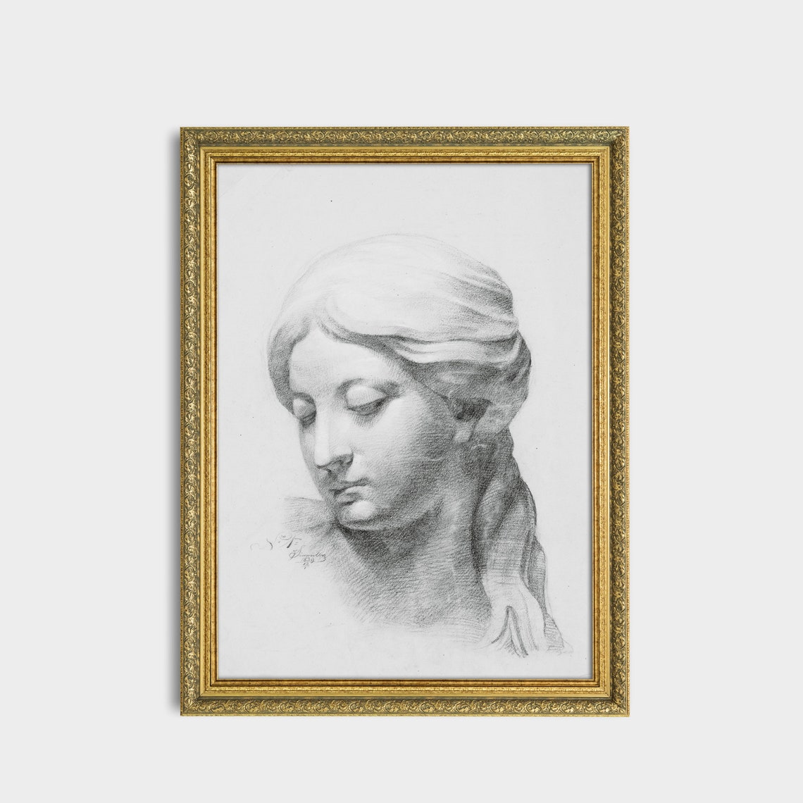 Antique Pencil Sketch of a Woman's Head Classical Art Poster - Image 3