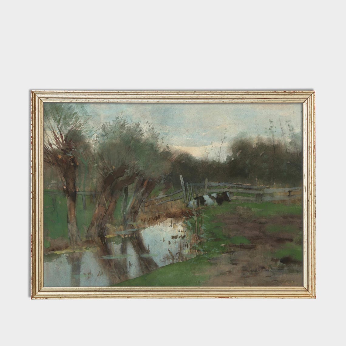 Cows Watering Pond Willow Trees Watercolor Rural Meadow Art Poster - Image 3