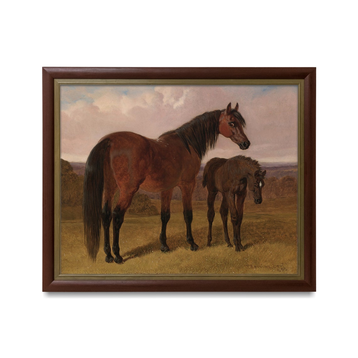 Chestnut Mare and Foal Pasture Vintage Equestrian Painting Poster - Image 4