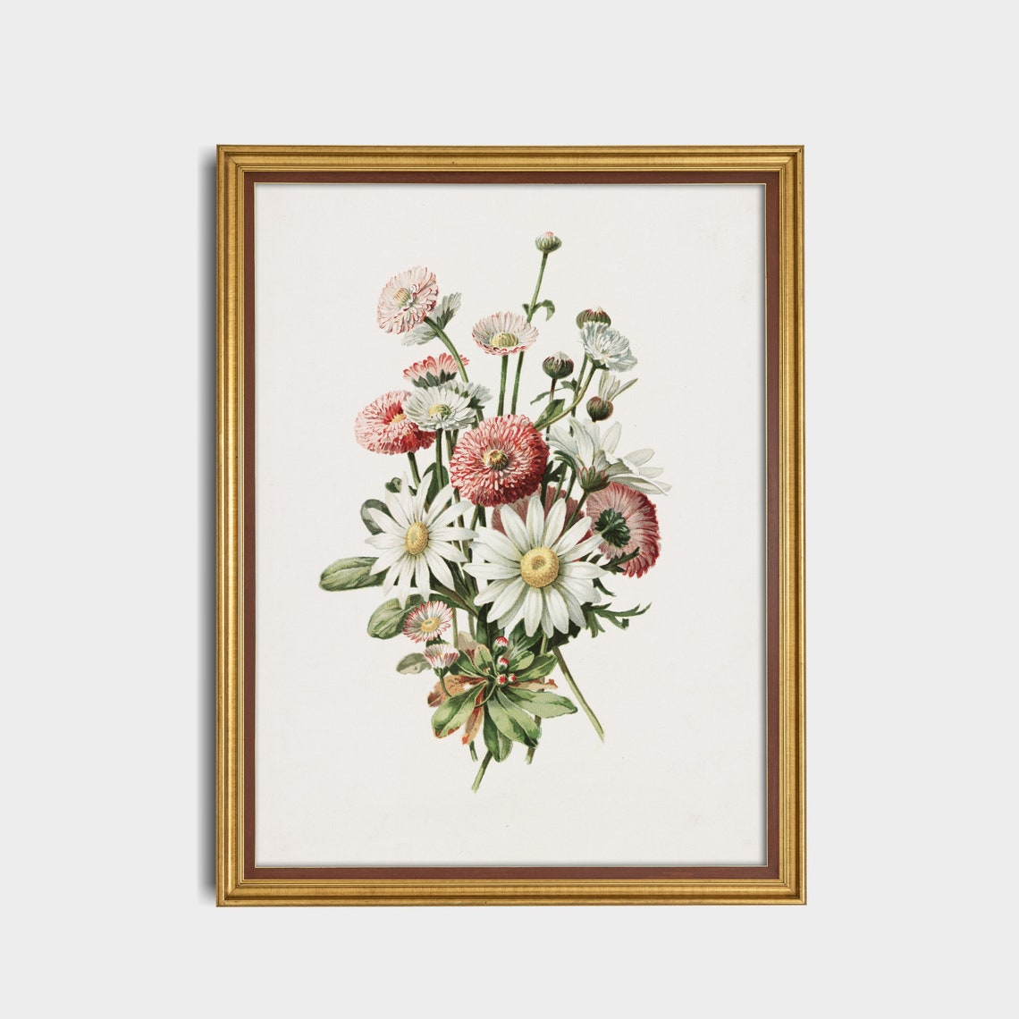 White Daisies And Pink Pompons Vintage Botanical Bouquet Floral Poster - Image 2