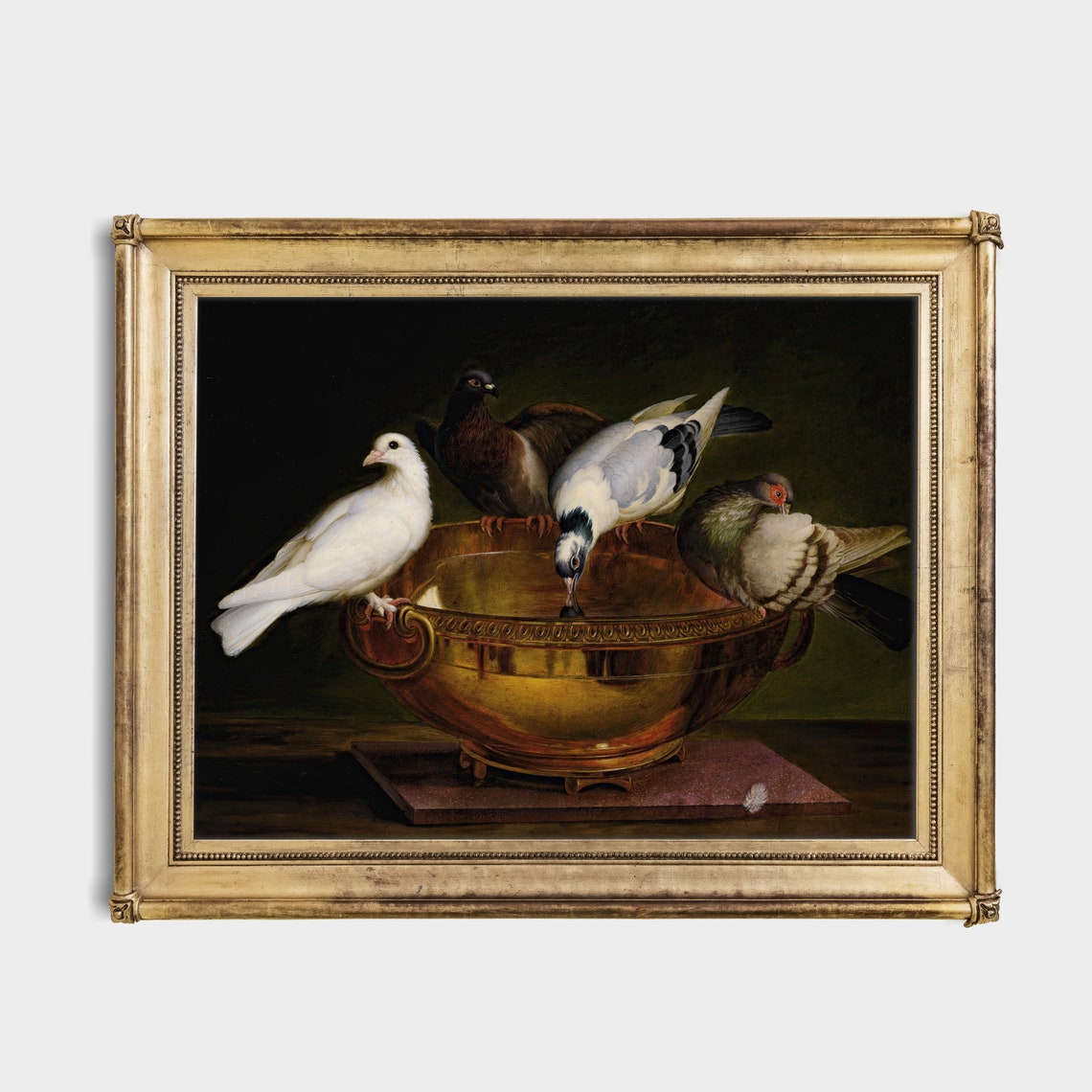 Five Doves Around a Golden Bowl Dark Background Bird Painting Poster - Image 2