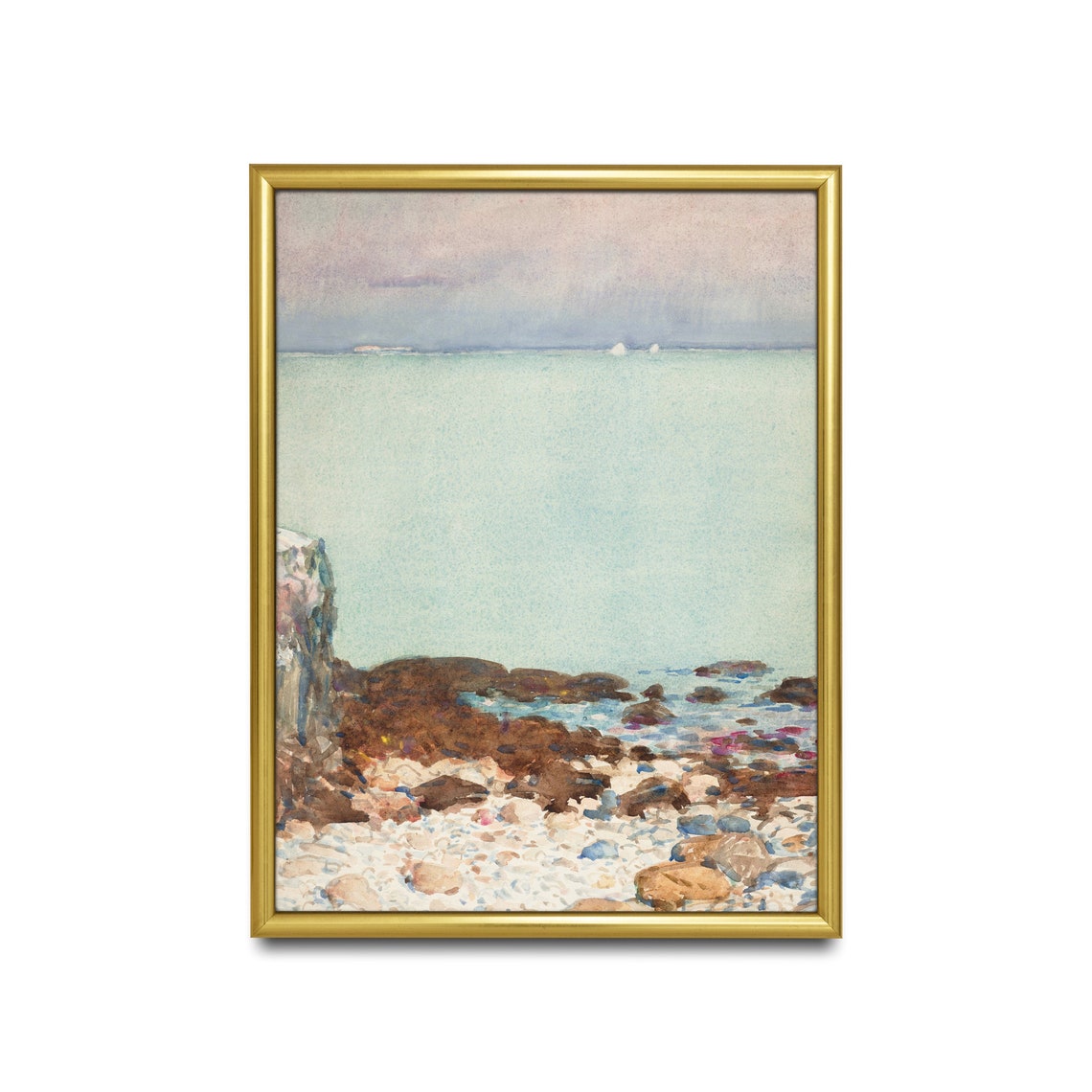Rocky Shoreline with Pale Sea and Distant Ships Watercolor Poster - Image 4