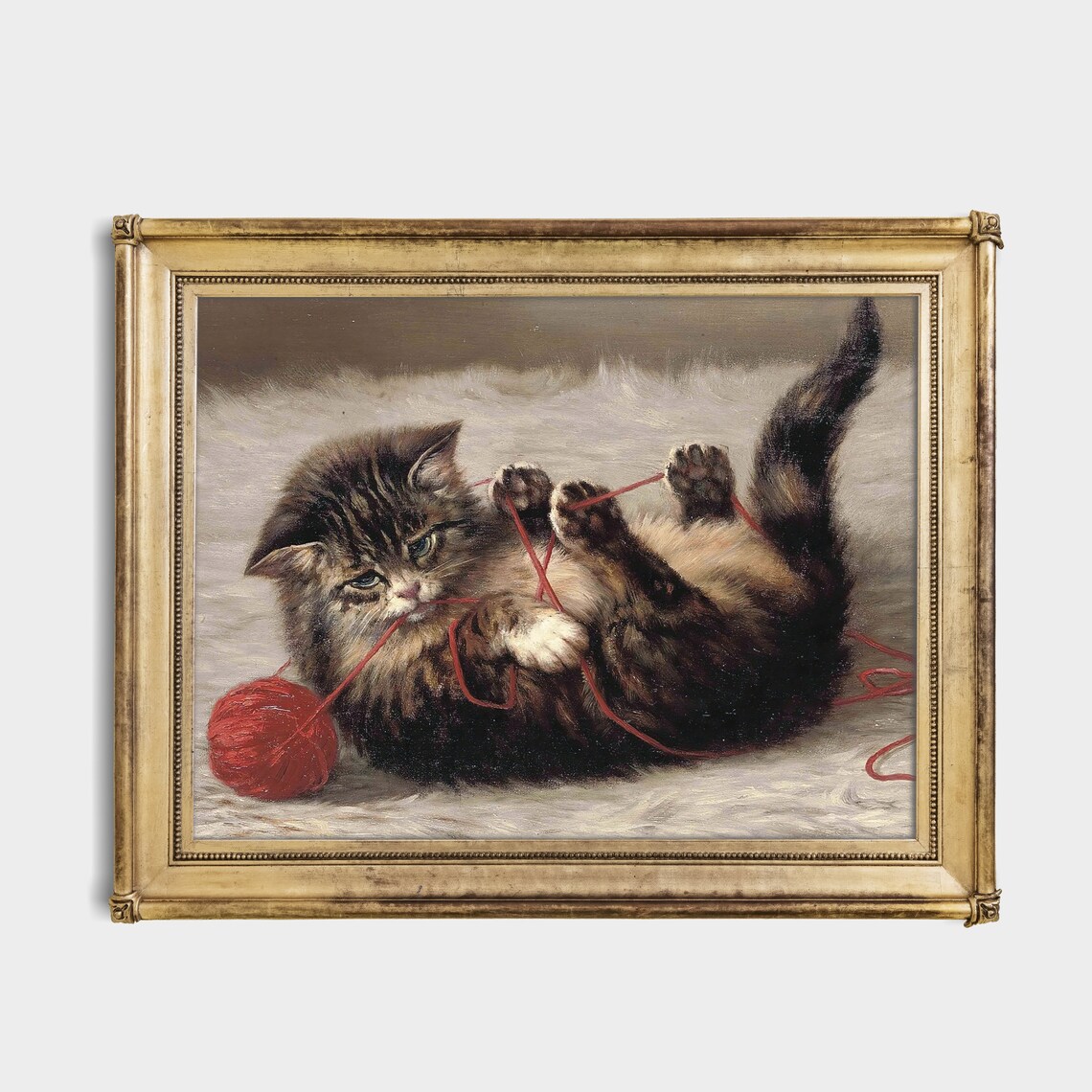 Tabby Kitten Playing With a Red Ball of Yarn Vintage Cat Painting Poster - Image 2