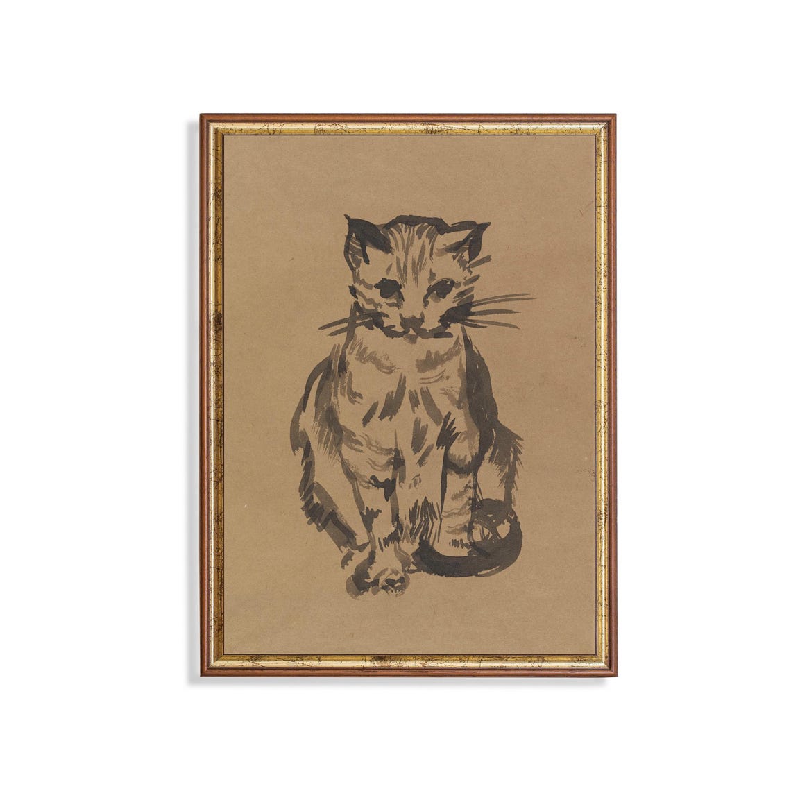 Tabby Cat Ink Sketch on Warm Tan Paper Vintage Feline Poster