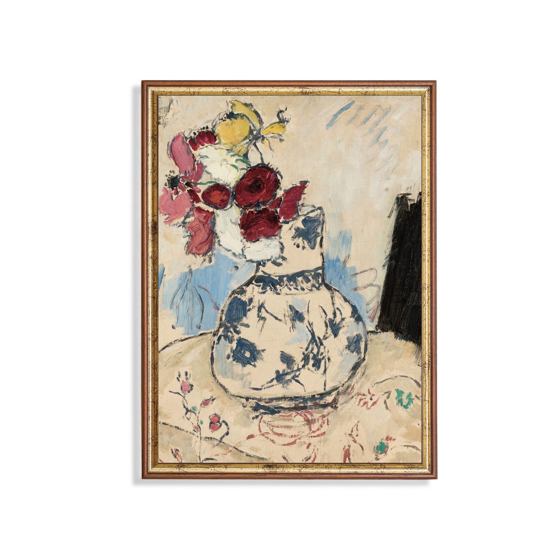 Red and Pink Bouquet in a Blue and White Vase Still Life Art Poster