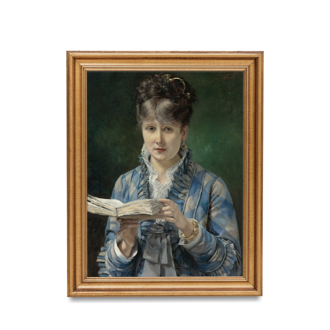 Woman in Blue Ruffled Dress Reading Book Dark Elegant Portrait Poster - Image 2