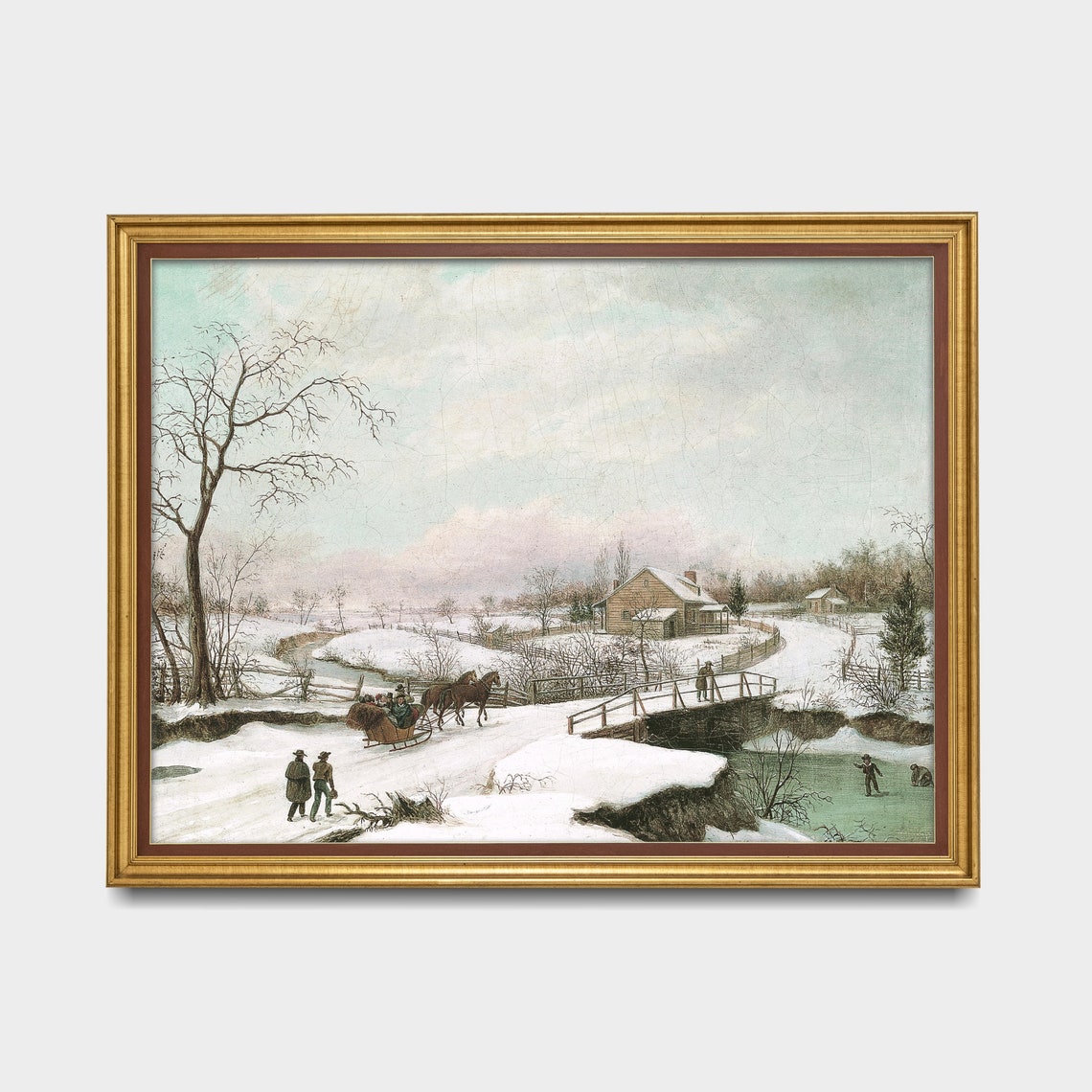 Horse-Drawn Sleigh Crossing a Snowy Bridge Vintage Winter Poster - Image 3