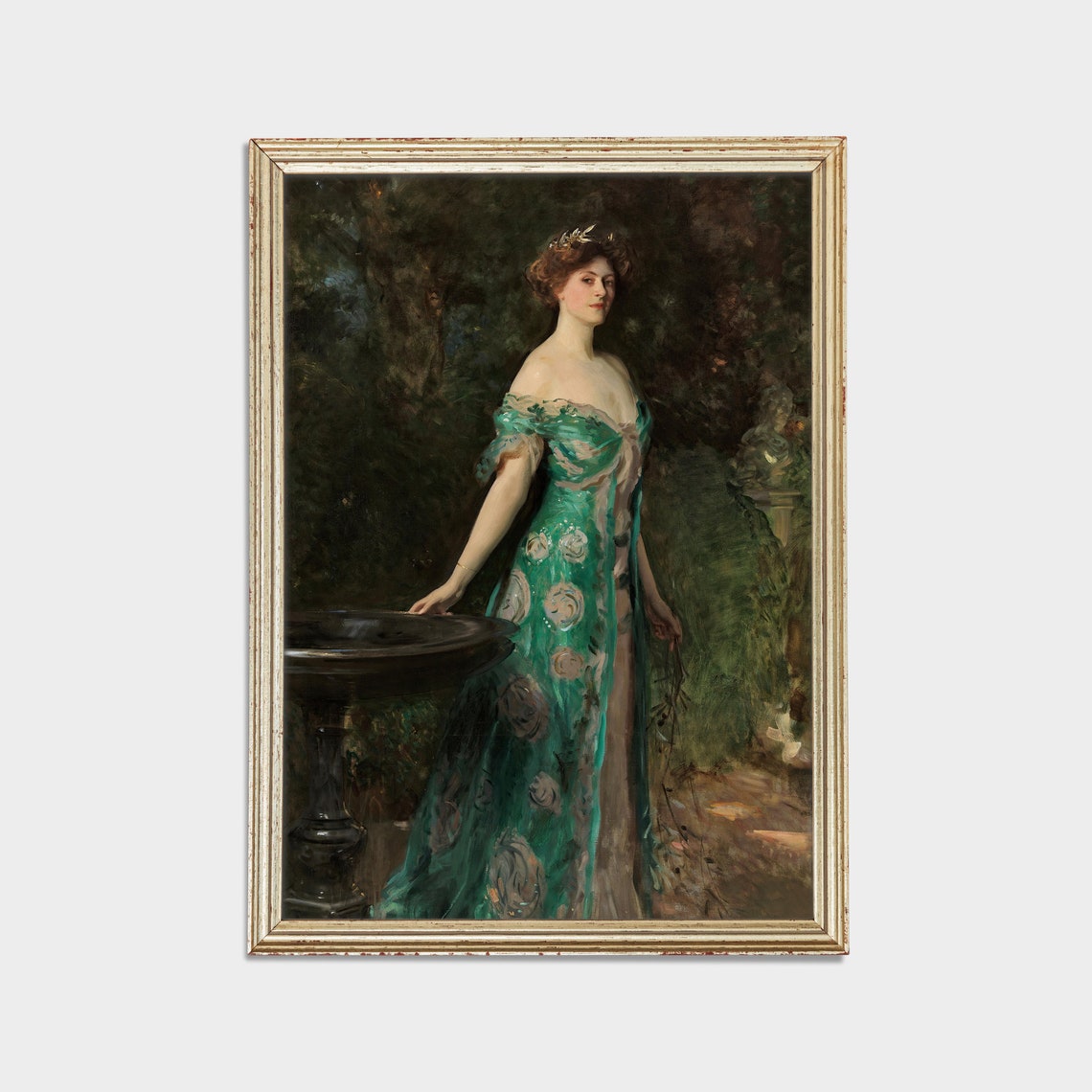Elegant Lady in Emerald Green Gown by a Garden Fountain Poster - Image 2