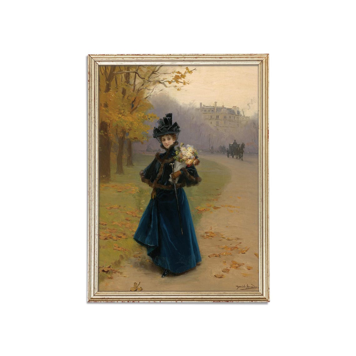 Elegant Lady Blue Velvet Dress Bouquet Autumn Paris Park Art Poster - Image 3