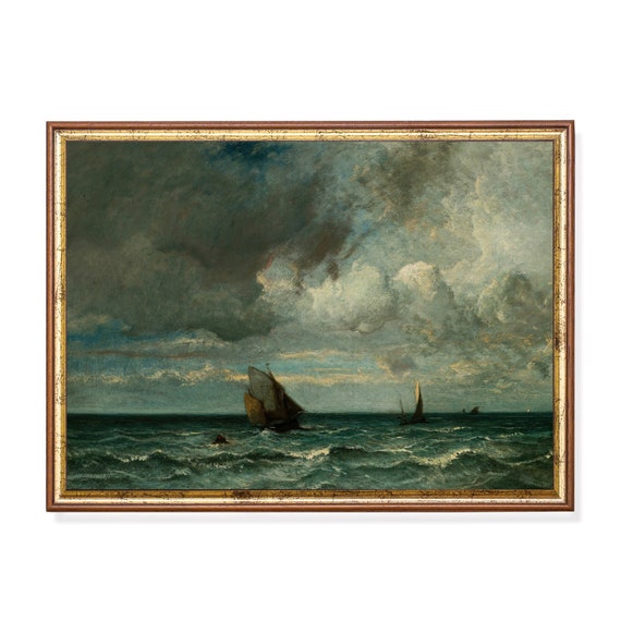 Printed And Shipped Sailboat Painting Moody Dark Rustic Antique Print Seascape Vintage Wall Art Nautical Decor Physical Print