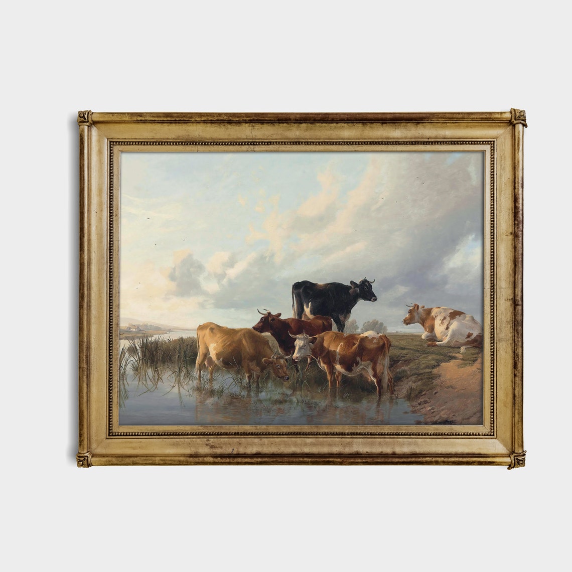 Cows Drinking at the Water Vintage Pastoral Farm Painting Art Poster - Image 2