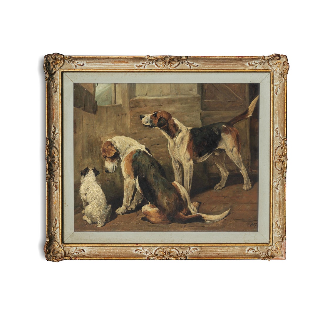 Two Foxhounds and Terrier in Stable Antique Dog Painting Poster - Image 3
