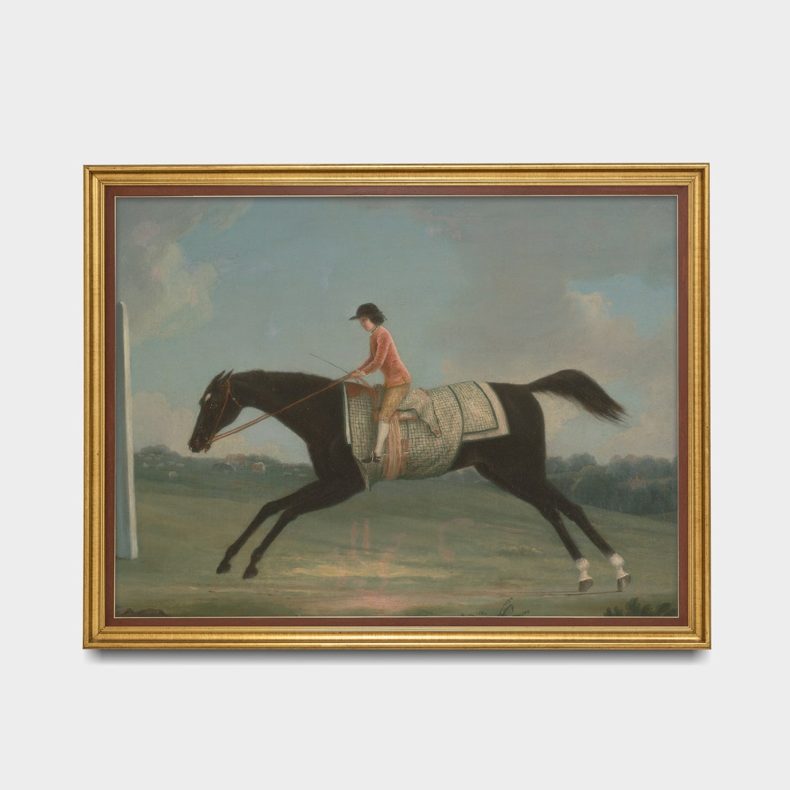 Jockey Galloping a Dark Racehorse Antique English Equestrian Poster - Image 2