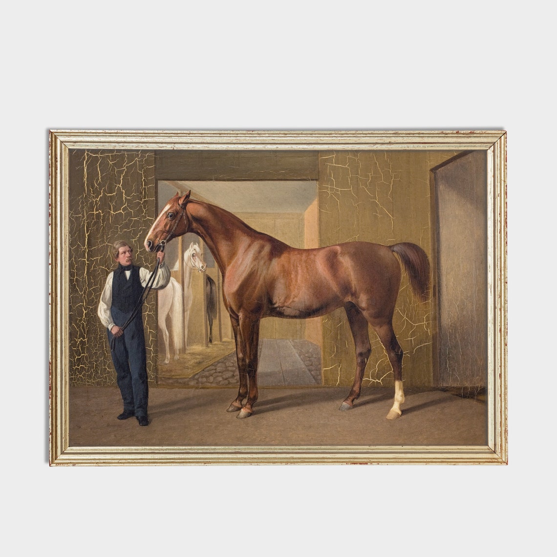 Chestnut Horse Held by a Groom in a Stable Doorway Equestrian Poster - Image 2