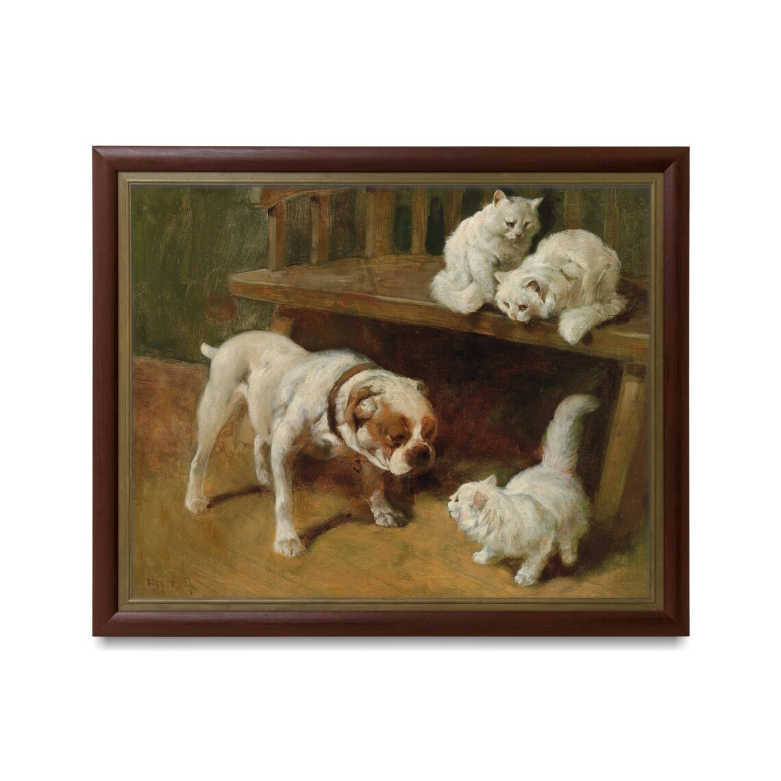 Bulldog Face to Face With a White Kitten Vintage Animal Painting Poster - Image 3
