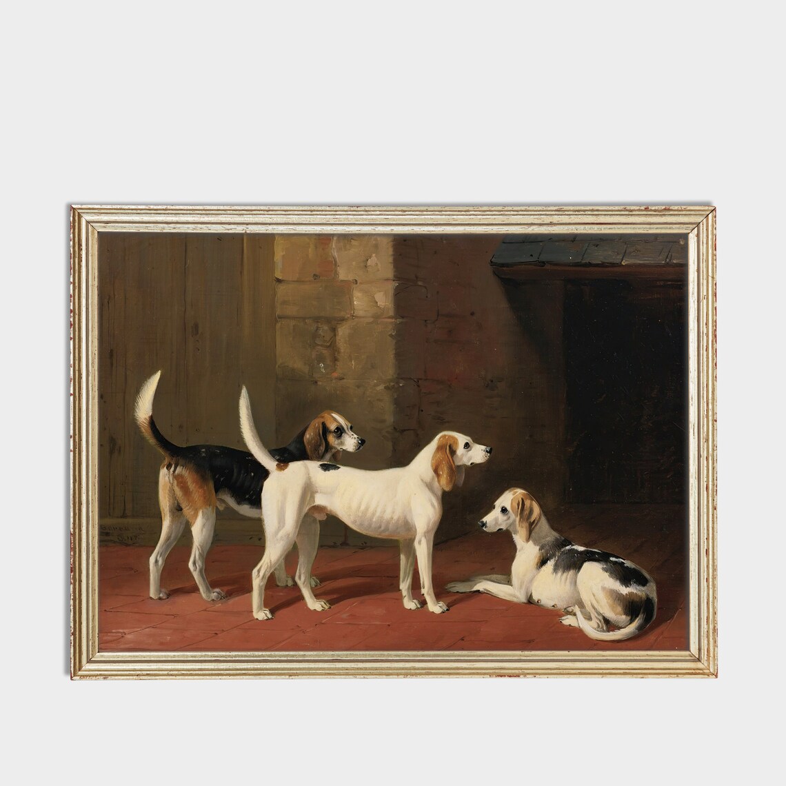 Three Foxhounds In The Kennel Antique Sporting Dog Painting Poster - Image 3
