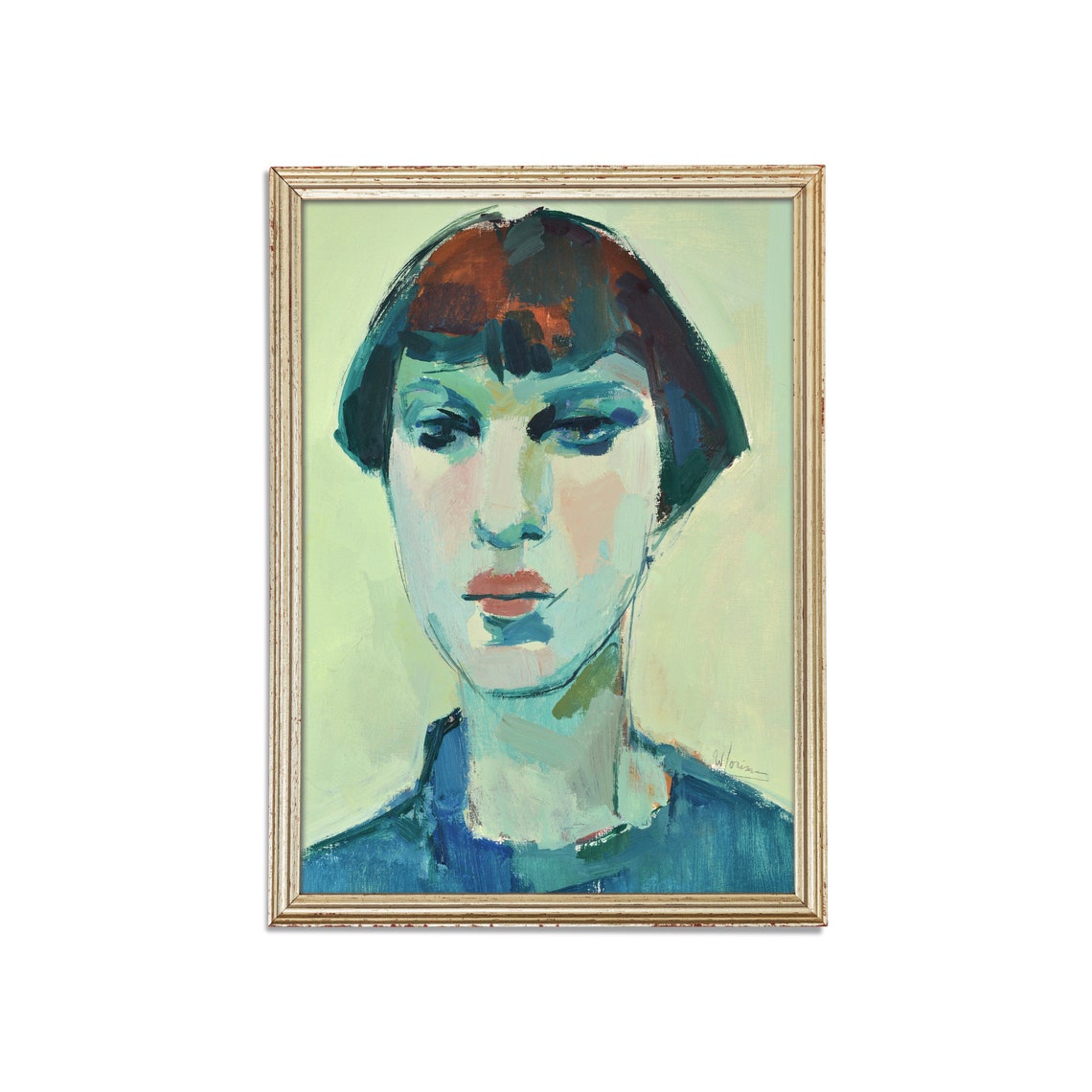 Teal Blue Portrait of a Young Woman Modern Expressionist Poster - Image 5