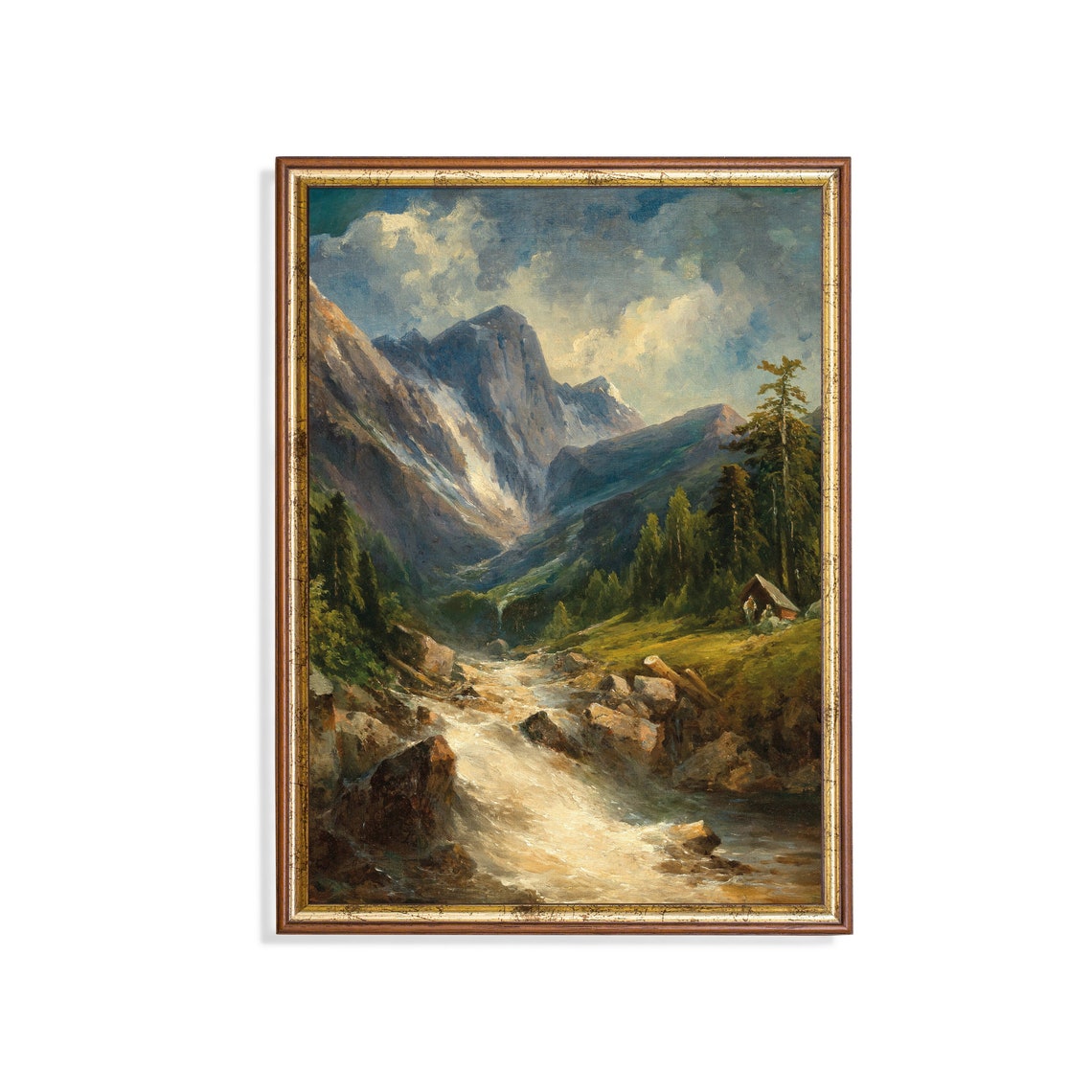 Alpine Stream Below Peaks Vintage Mountain Landscape Painting Poster