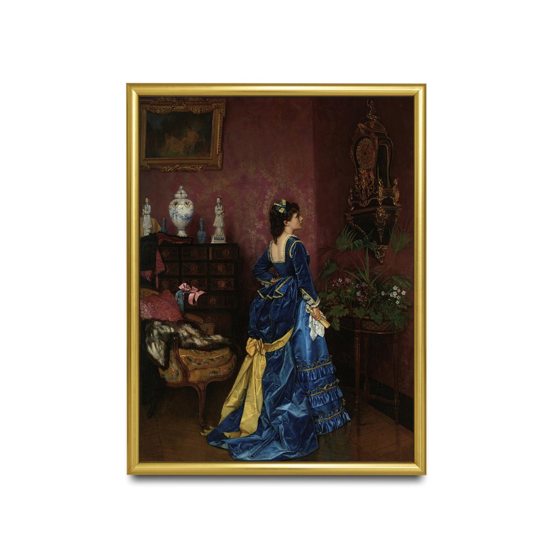 Woman in Blue Satin Gown in a Victorian Parlor Interior Poster - Image 2