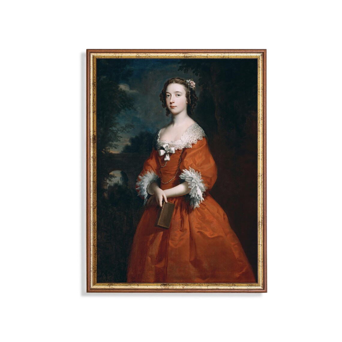 Young Woman in a Red Dress Holding a Book Antique Portrait Poster