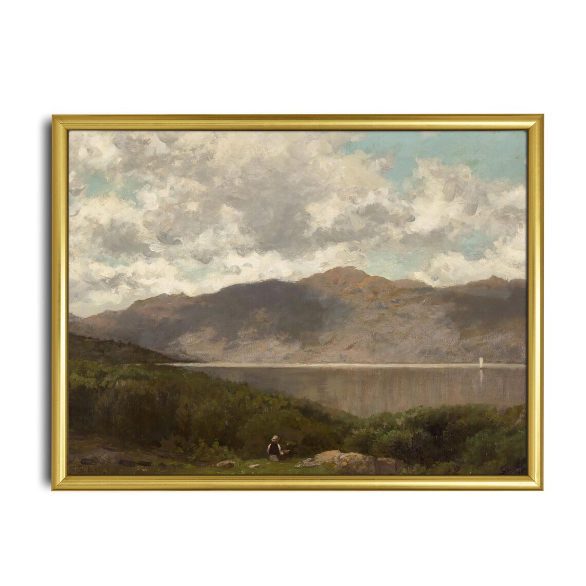 Vintage Calm Lake Mountains Green Shore Figure Oil Painting Poster - Image 2