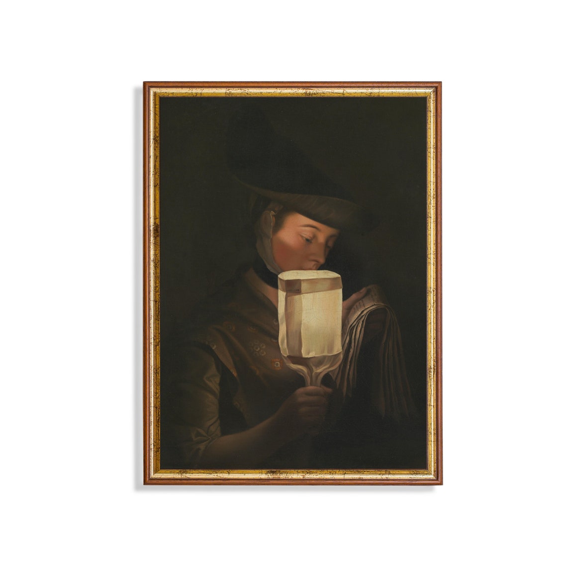 Woman Holding a Glowing Lantern Dark Vintage Candlelit Portrait Poster