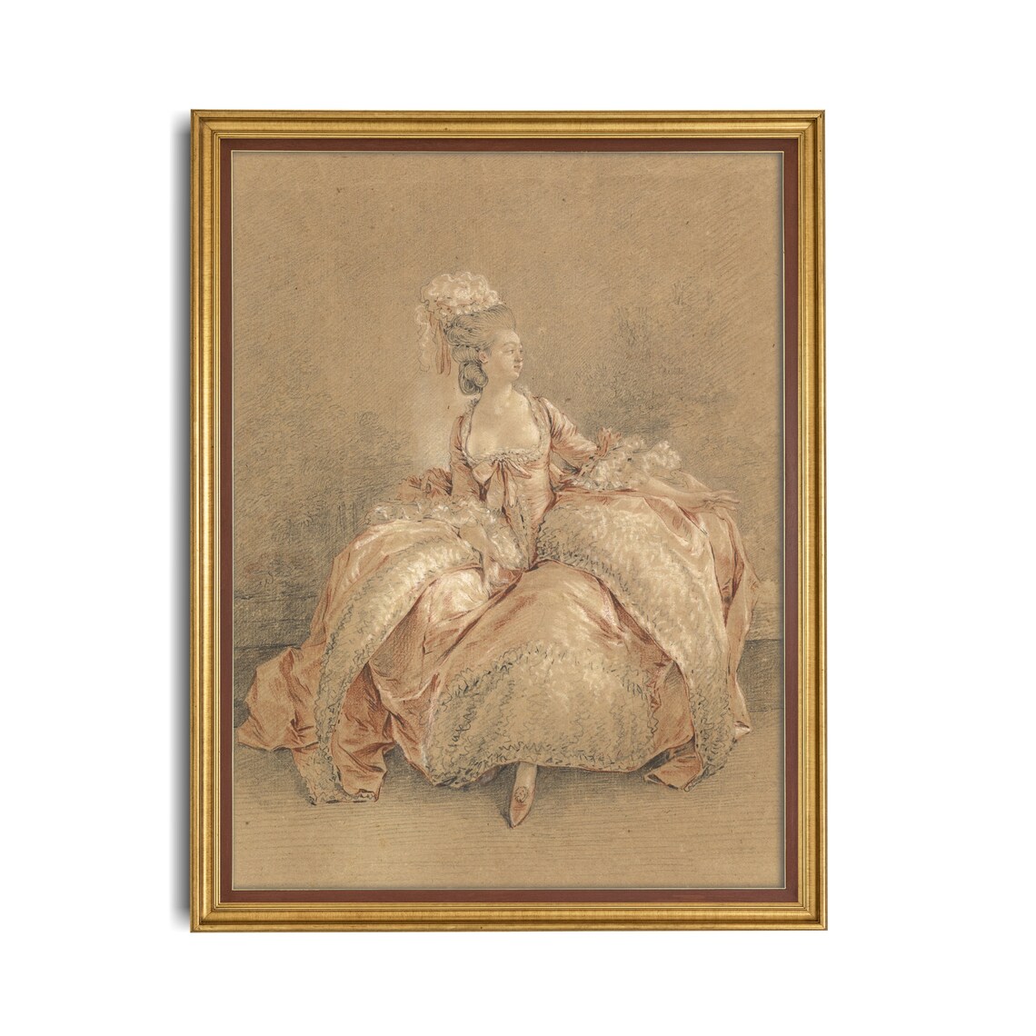 18th Century Lady in Pink Silk Gown Vintage Rococo Style Drawing Art Poster - Image 4