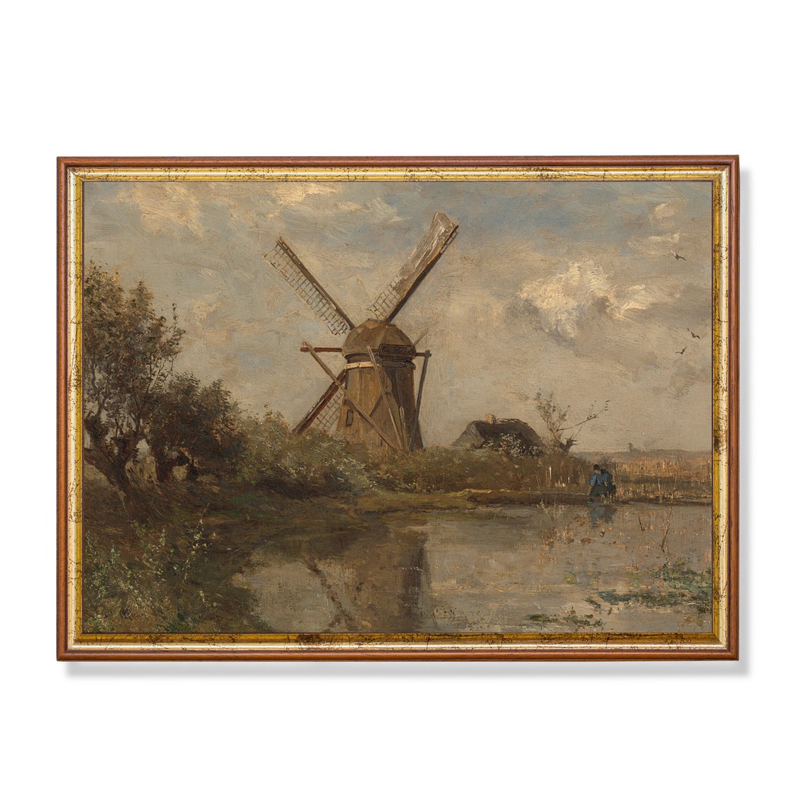 Old Dutch Windmill Reflected by Still Water Vintage Landscape Poster
