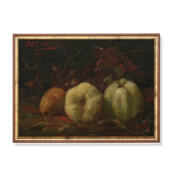 Print And Ship Still Life With Apples And Grapes Vintage Wall Art Moody Rustic Painting Antique Fruits Print Kitchen Wall Art