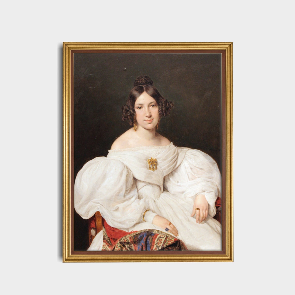 Lady in a White Off Shoulder Dress with Brooch Portrait Poster - Image 4