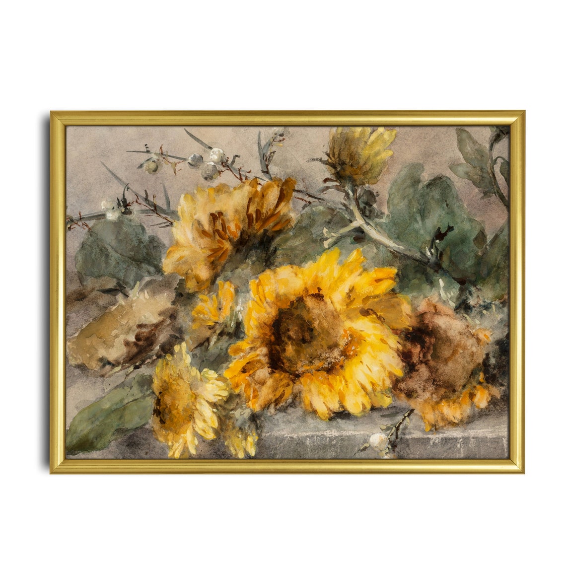 Yellow Sunflowers With Berries Antique Watercolor Floral Art Poster - Image 2